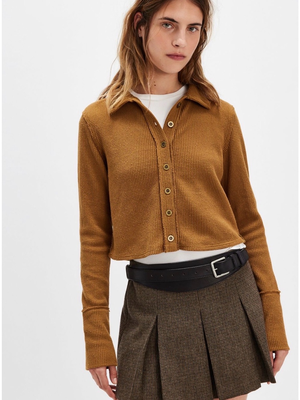 We The Free Maddie Cardigan Cropped Waffle-Knit Button Shirt in Tobacco